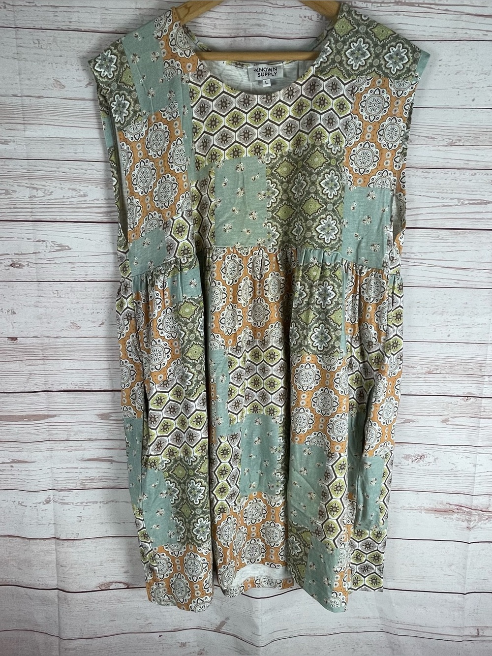 Known Supply 100% Organic Cotton Patchwork Boho Misty Mini Dress W Pockets Sz L